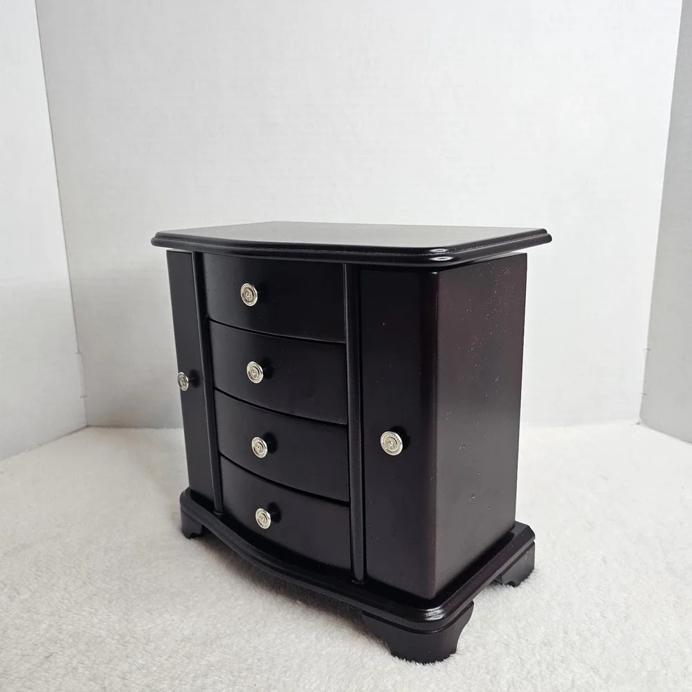 Brown Wooden Jewelry Box with Mirror, Velvet Lining, Drawers, Hooks for Jewelry